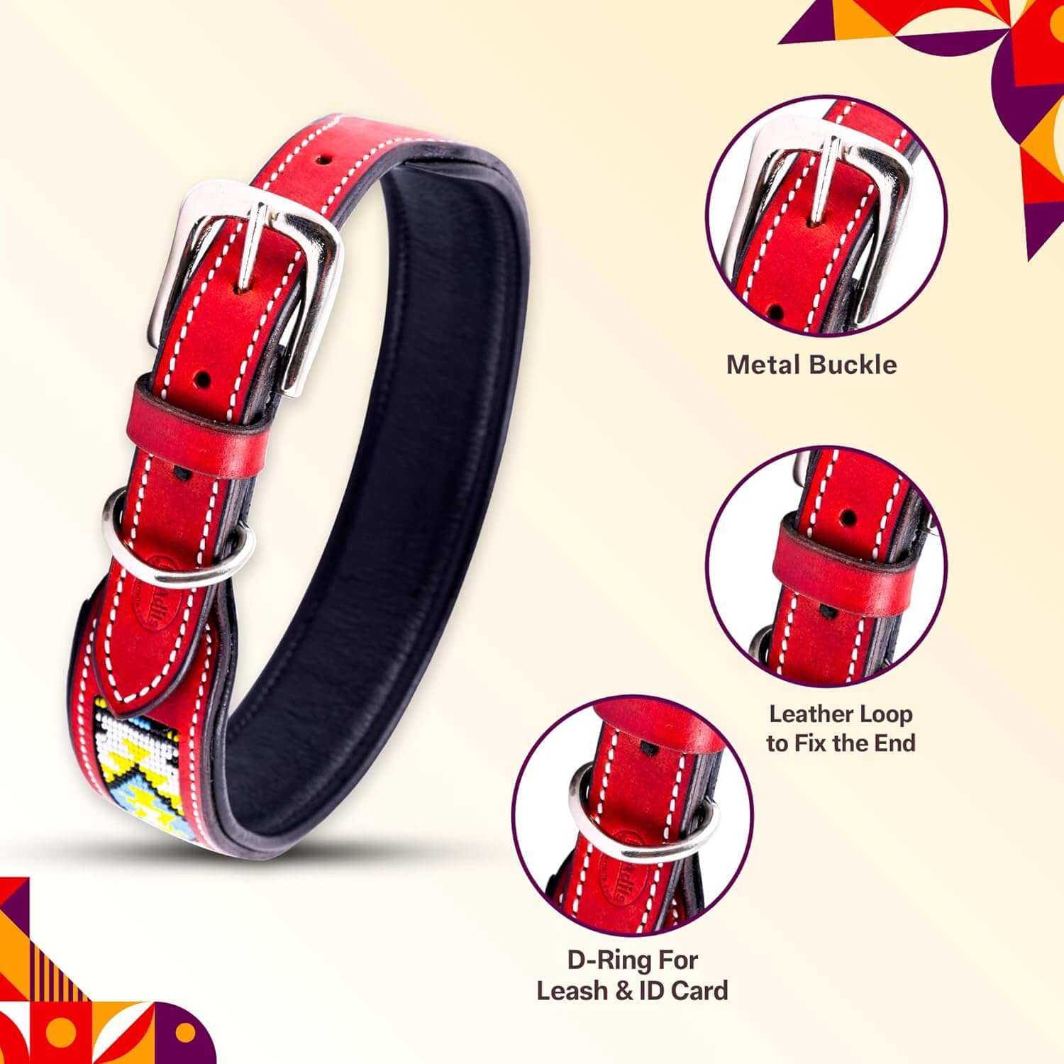 Adil’s Beaded Leather Dog Collar, Hand Tooled Adjustable with Strong Metal Buckle